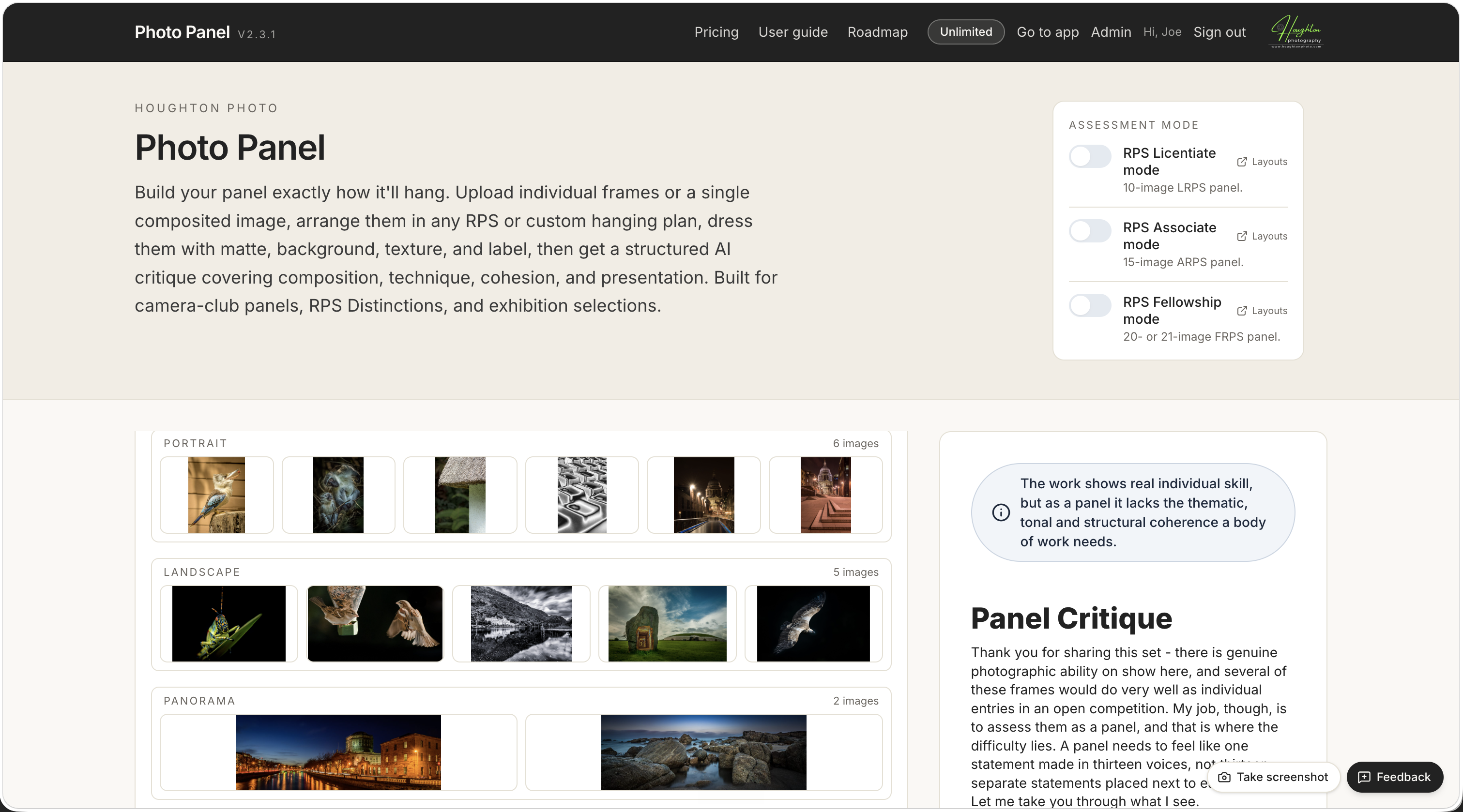 Photo Panel showing an RPS assessment mode panel with the AI critique on the right